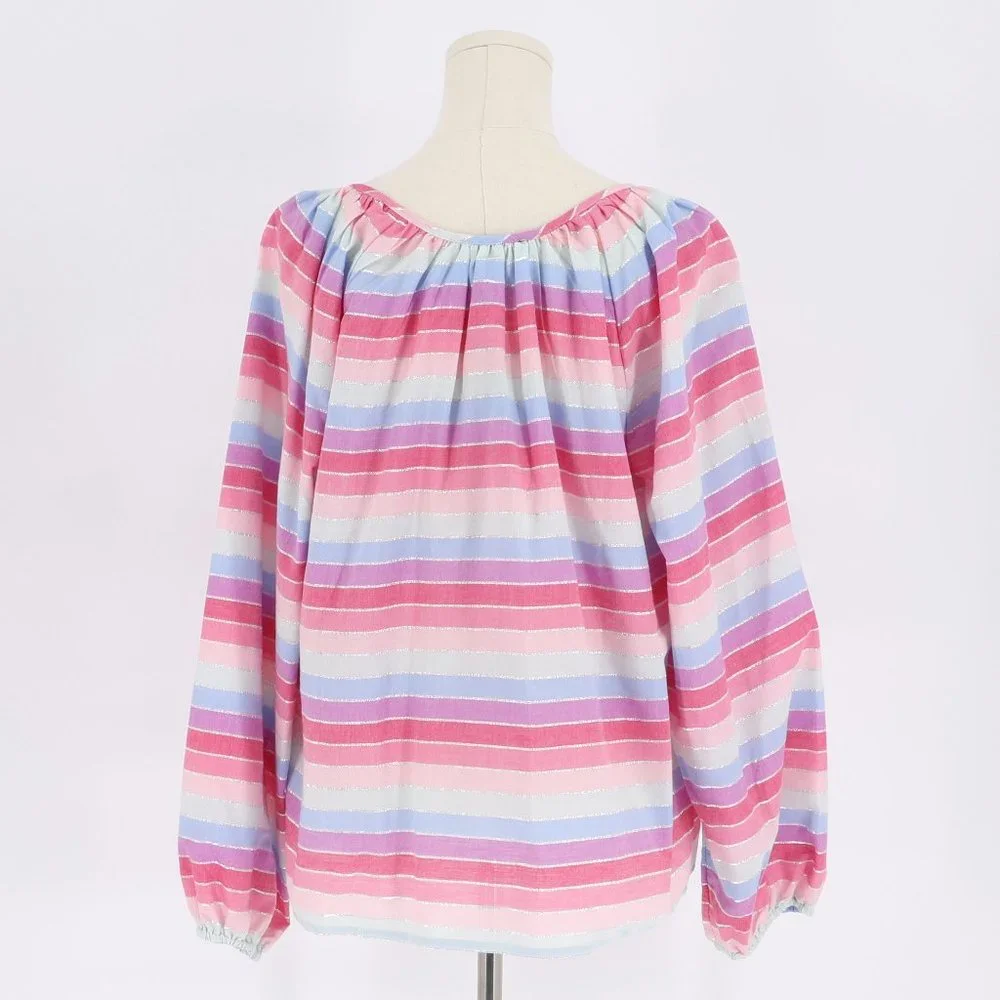 NWT J. Crew Peasant Top in Metallic Pastel Stripe Front Tassel Tie Size L